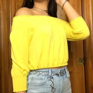 yellow off the shoulder blouse